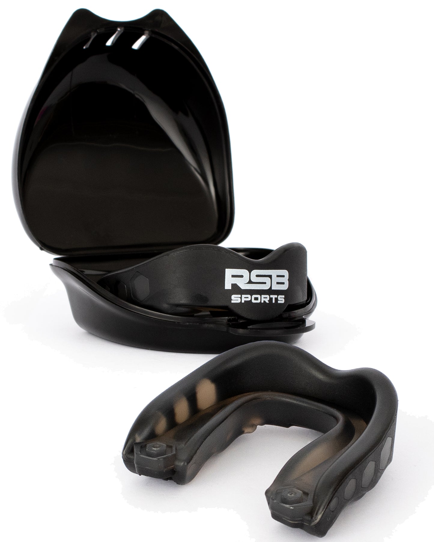RSB Sports zwart bitje met opbergbakje voor optimale tandbescherming tijdens vechtsporten zoals kickboksen en MMA.