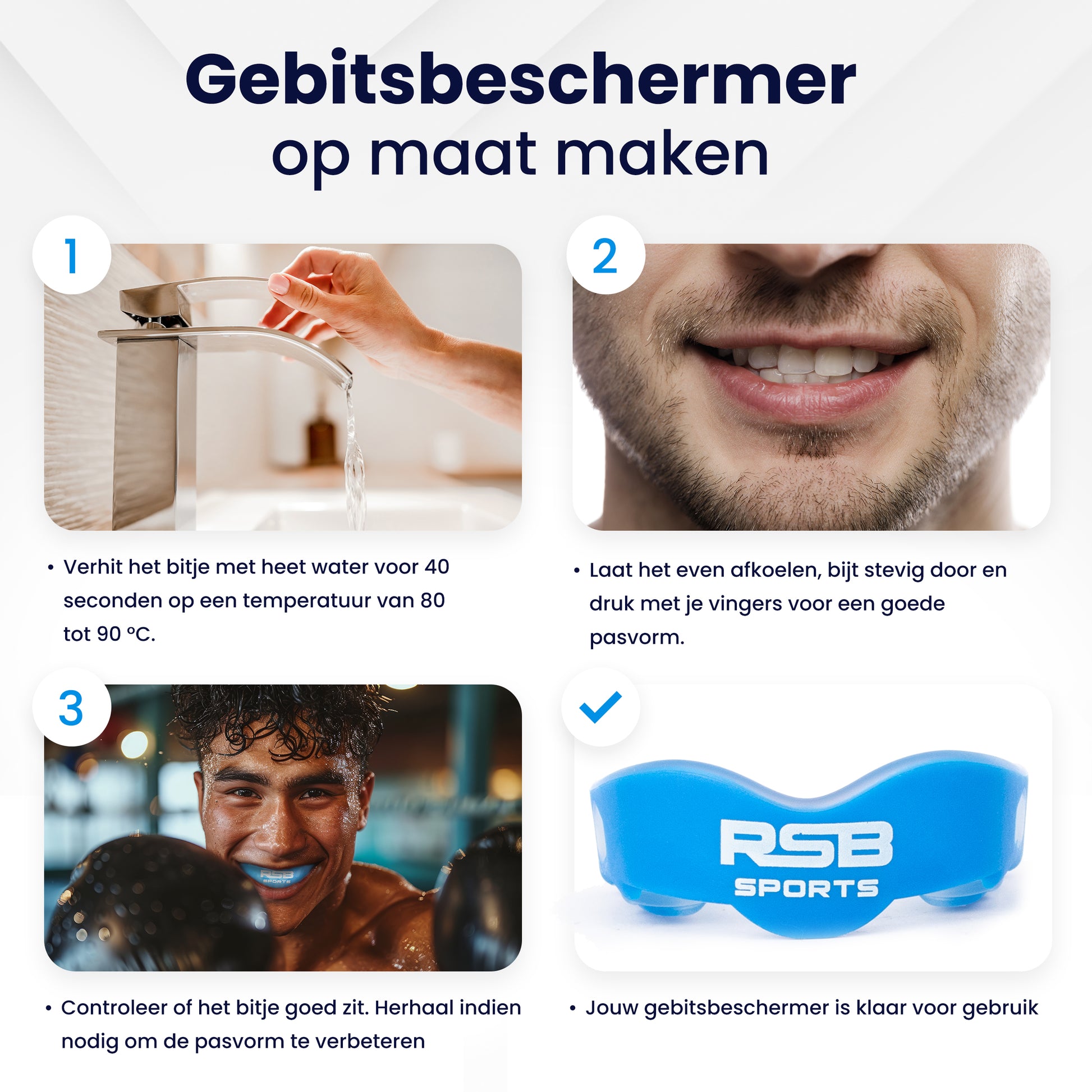 RSB Sports bitje op maat maken voor een comfortabele pasvorm en optimale tandbescherming tijdens vechtsporten zoals kickboksen en MMA.